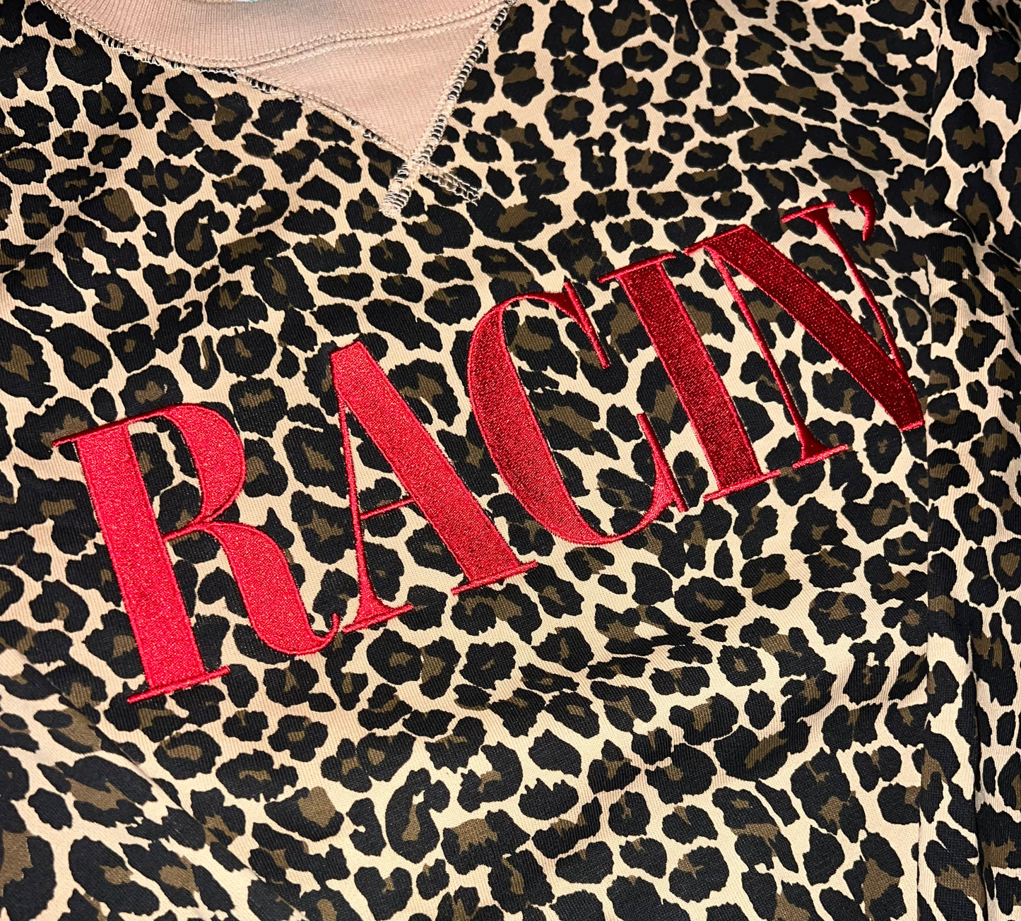 RACE QUEEN COUTURE "RACIN'" Embroidered Crewneck - Leopard/Red