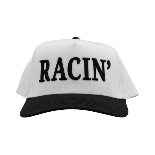 RACE QUEEN "RACIN" Snapback Hat - White Hat w/ Black Stitching
