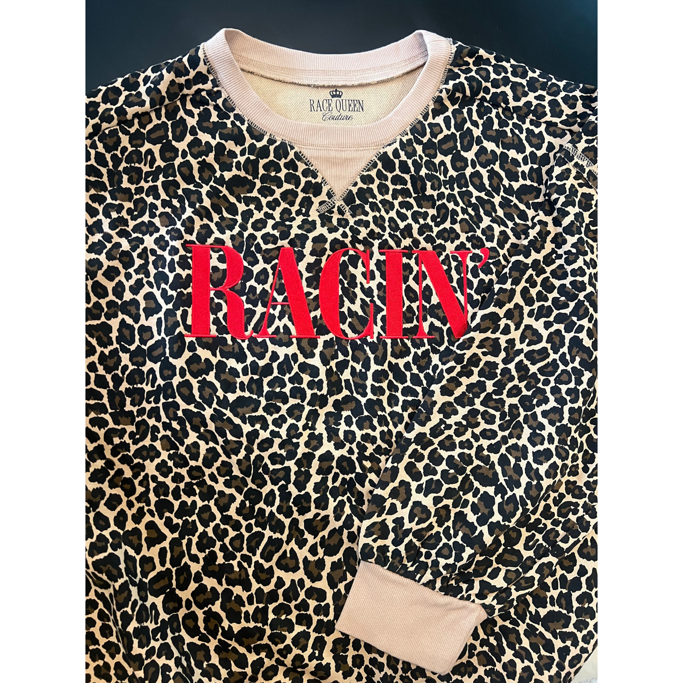 RACE QUEEN COUTURE "RACIN'" Embroidered Crewneck - Leopard/Red