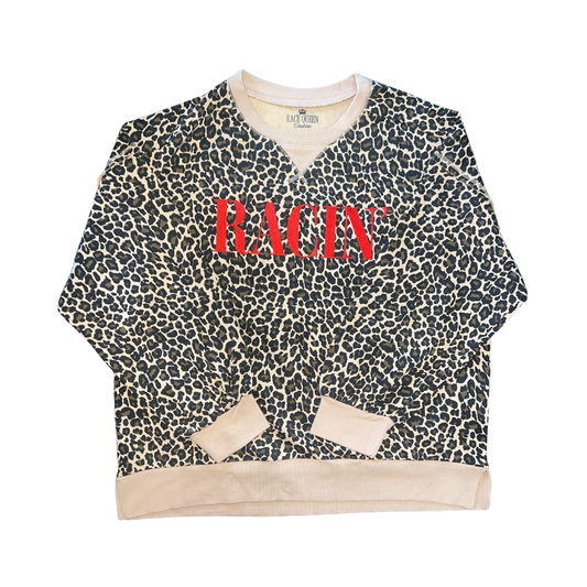 RACE QUEEN COUTURE "RACIN'" Embroidered Crewneck - Leopard/Red