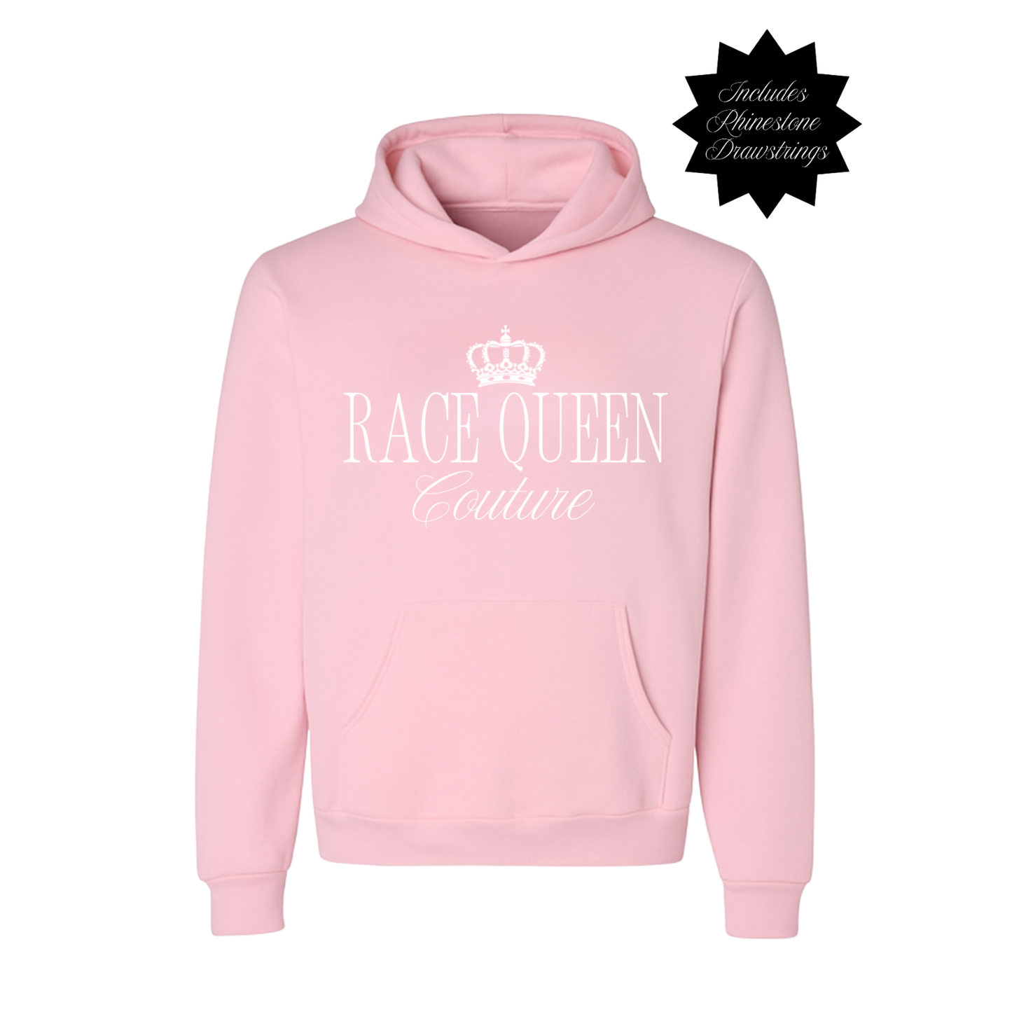 RACE QUEEN COUTURE Pink Hooded Sweatshirt with Rhinestone Drawstrings