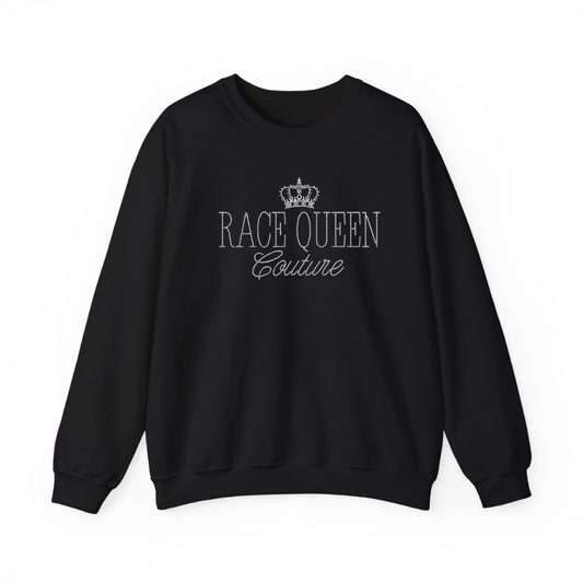Black sweatshirt with 'Race Queen Couture' text on a white background