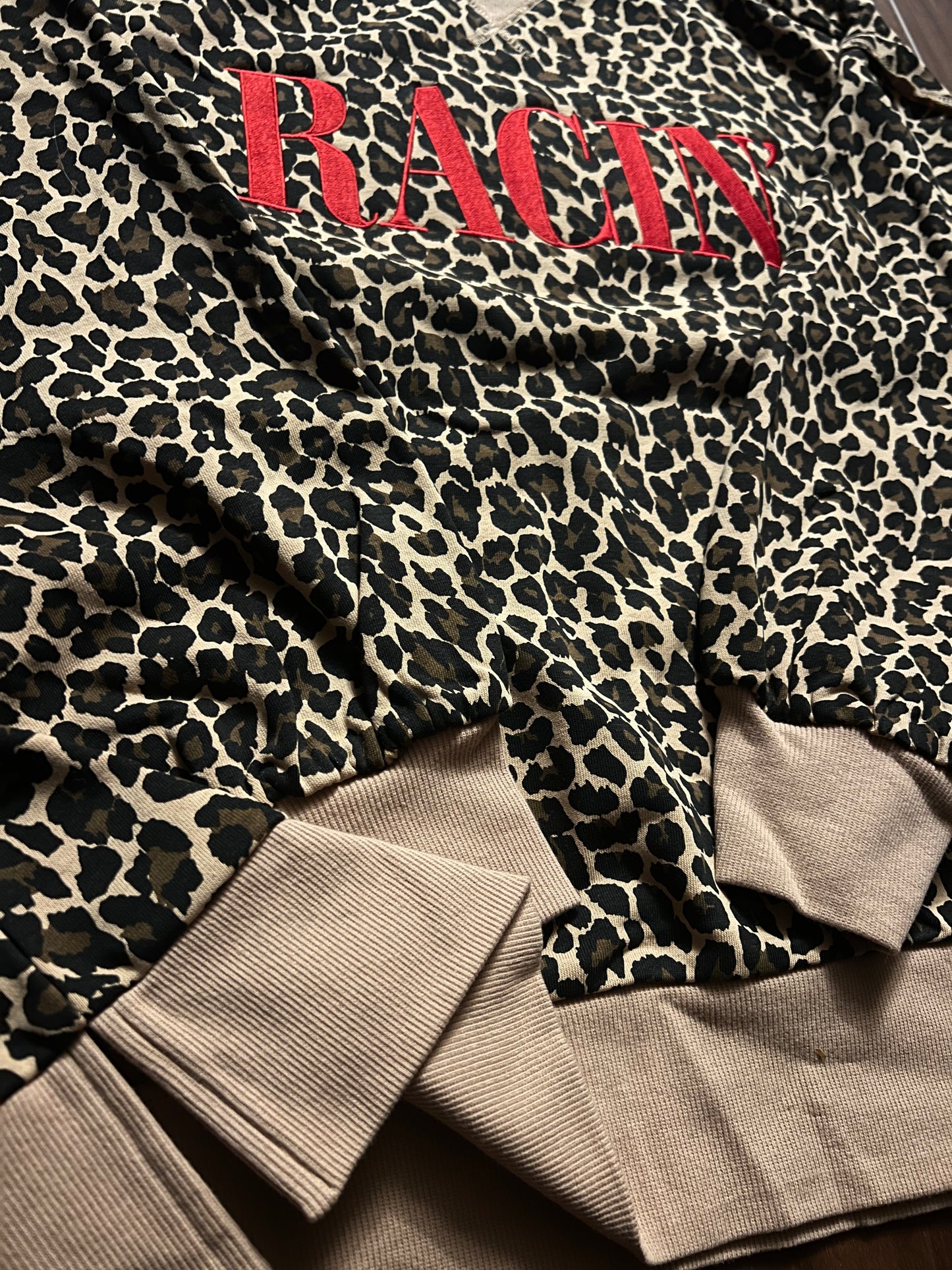 RACE QUEEN COUTURE "RACIN'" Embroidered Crewneck - Leopard/Red