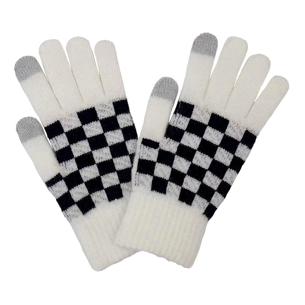 Checkered Knit Gloves - White