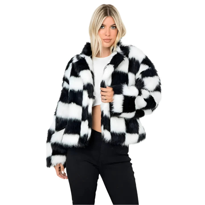 Checkered Faux Fur Jacket