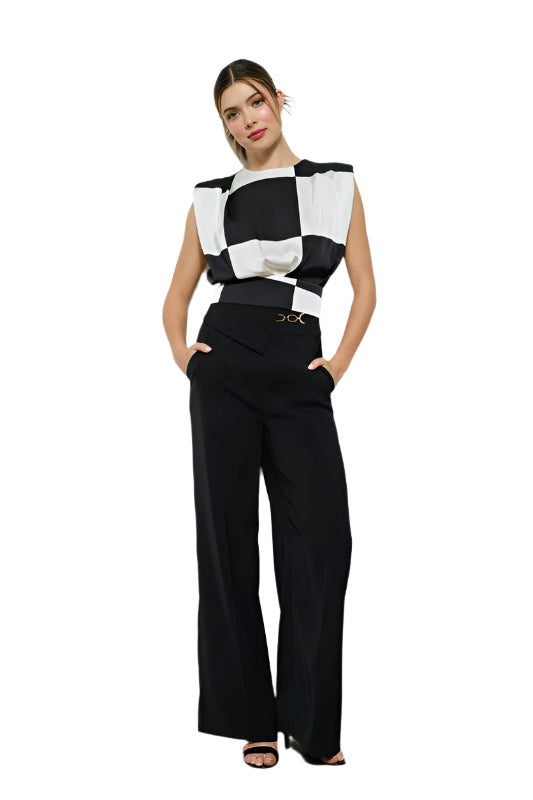 Checkered Sleeveless Satin Back-Tie Crop Top