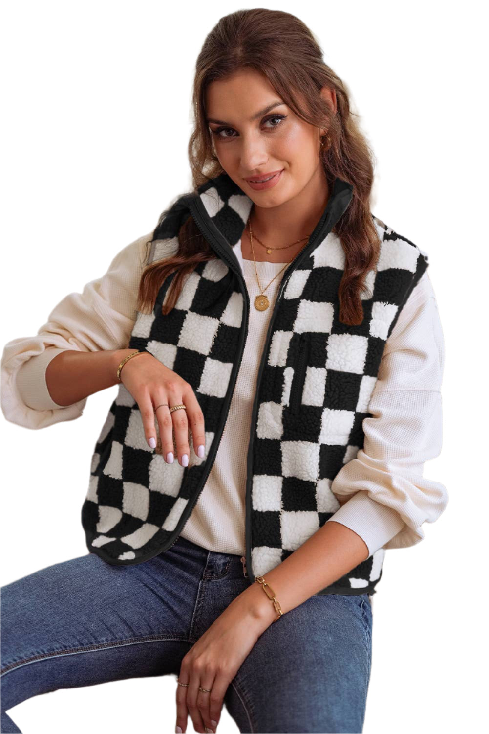 Checkered Sherpa Collared Vest
