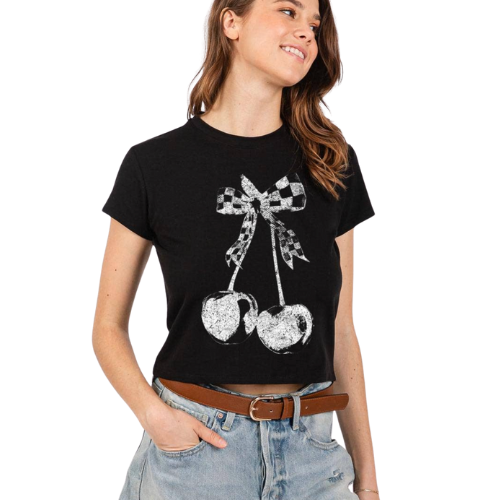 Checkered Cherry With Bow Graphic Top - BLACK