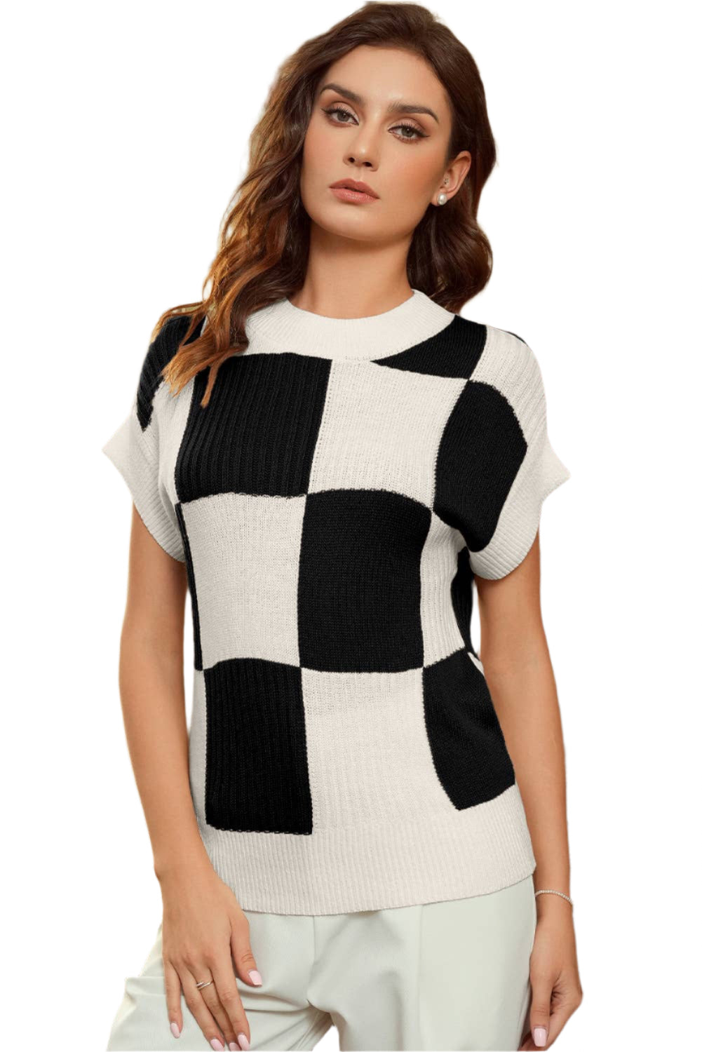Checkered Short Sleeve Sweater - DeLana