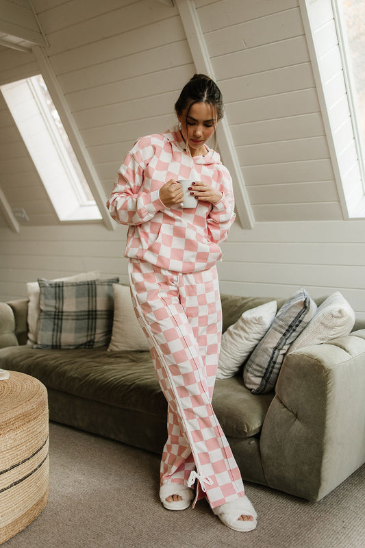 Checkered Wide Leg Bow Trackpants - Pink & Powerful